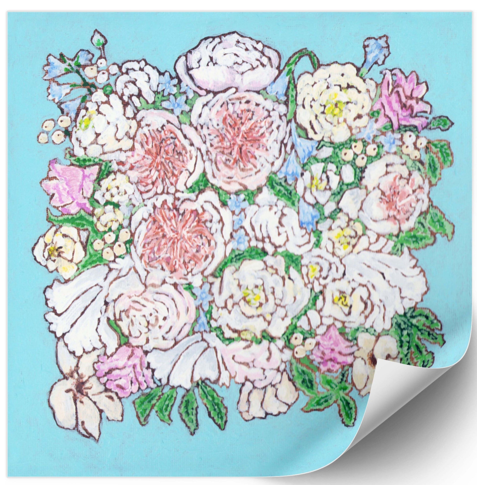 A whimsical painting of a floral wedding bouquet featuring Juliet roses in soft pastels and Tiffany blues.