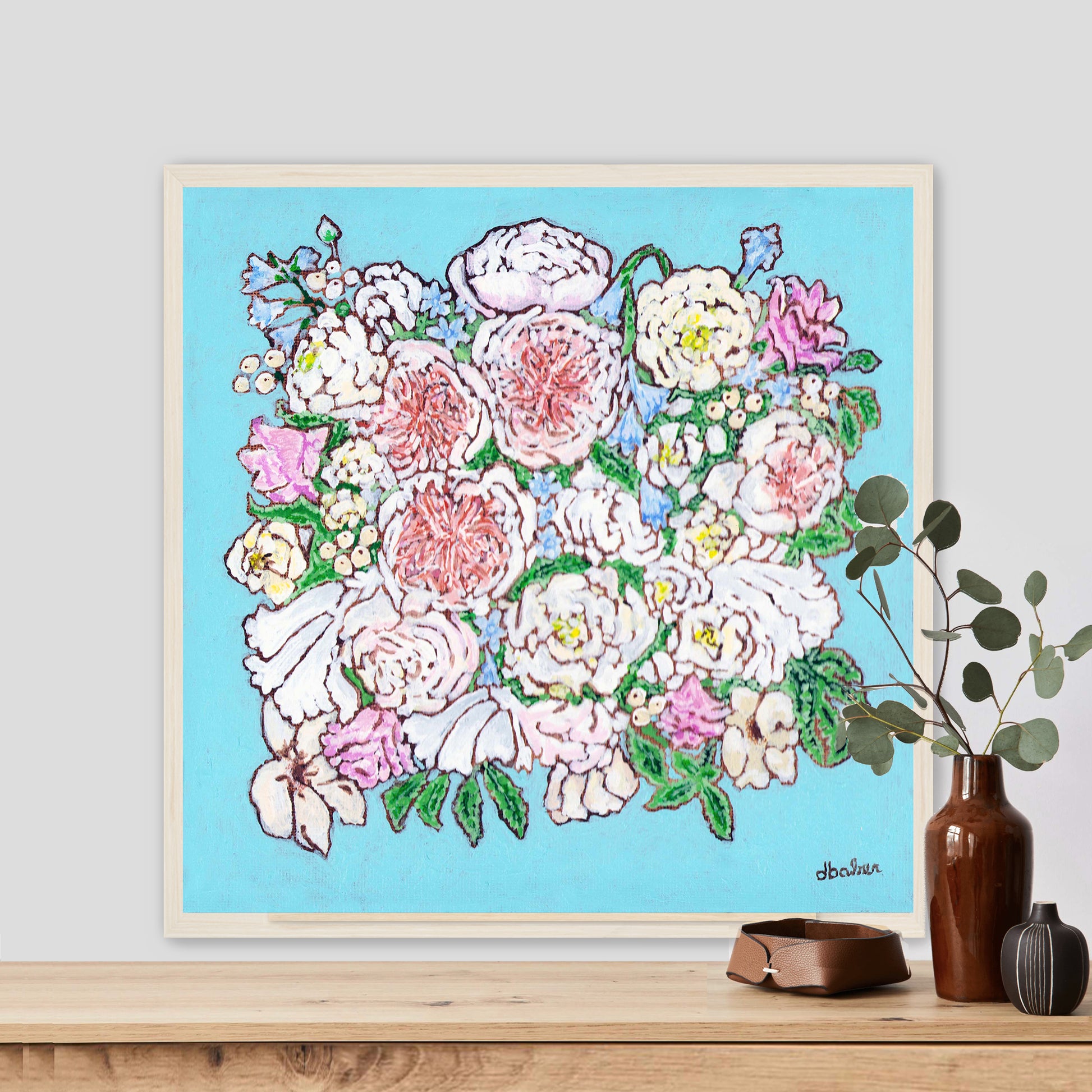 A whimsical painting of a floral wedding bouquet featuring Juliet roses in soft pastels and Tiffany blues.