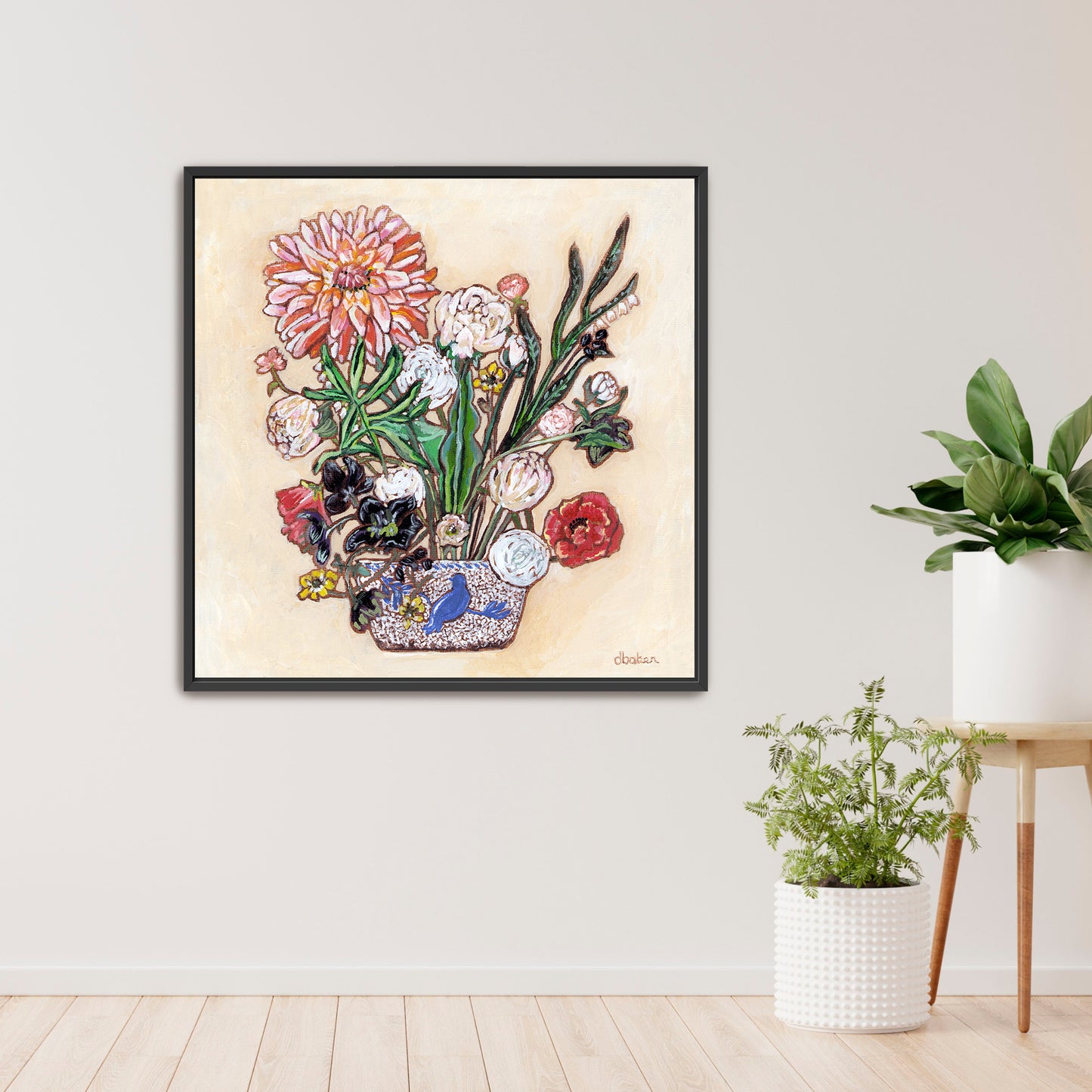 A painting of a colorful flowers including a large dahlia  in a blue and white bird vase.