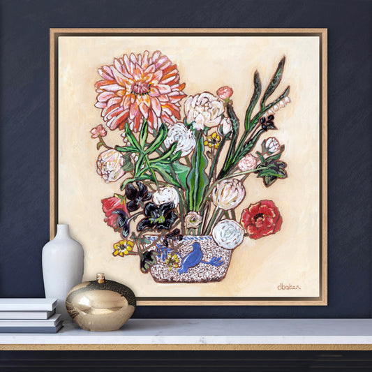 A painting of a colorful flowers including a large dahlia  in a blue and white bird vase.