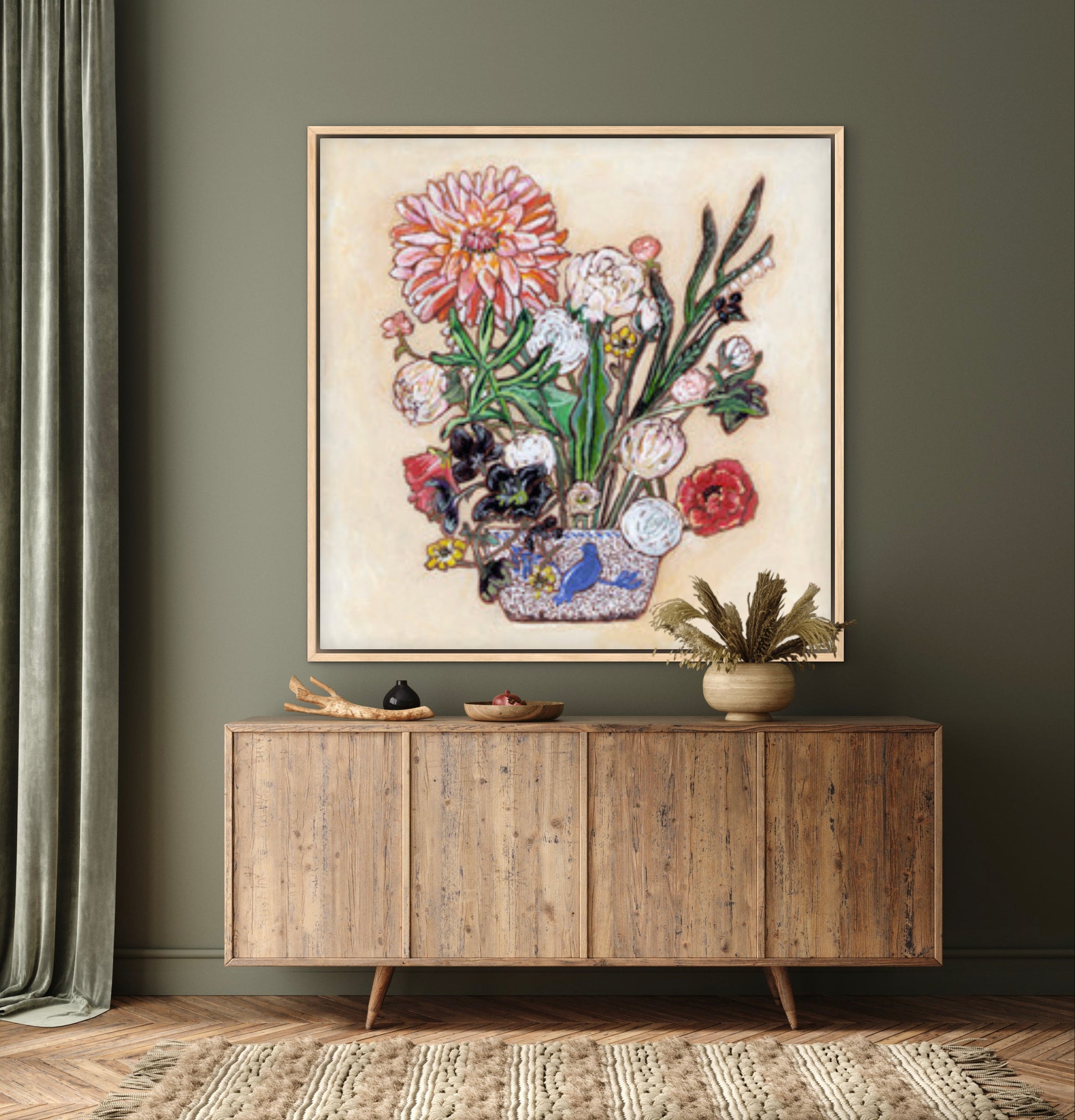 A painting of a colorful flowers including a large dahlia  in a blue and white bird vase.