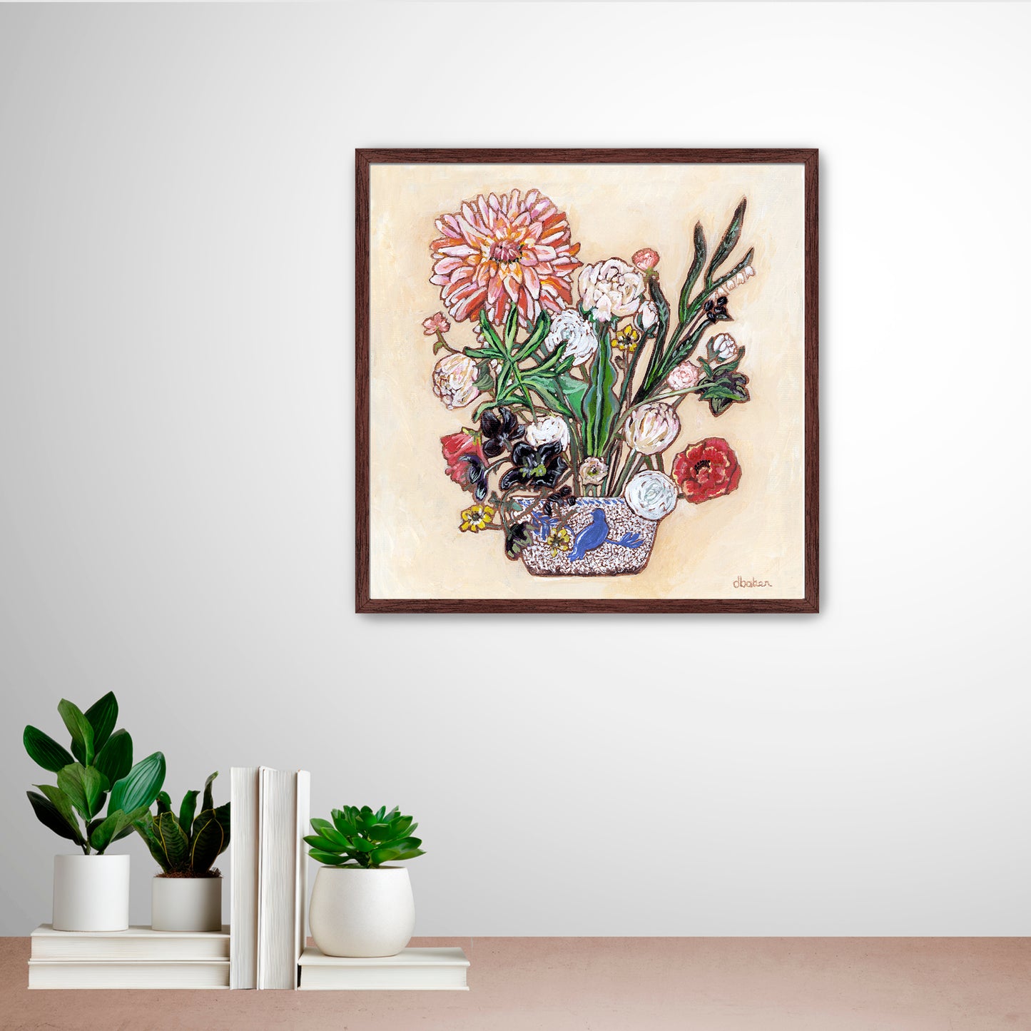A painting of a colorful flowers including a large dahlia  in a blue and white bird vase.