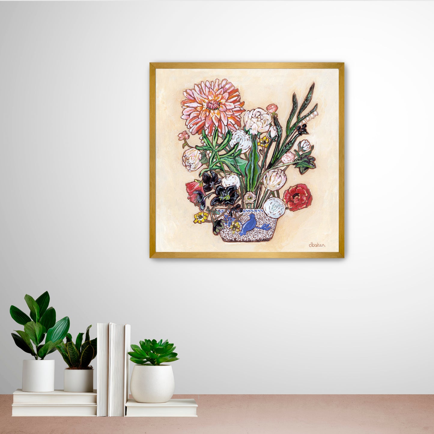 A painting of a colorful flowers including a large dahlia  in a blue and white bird vase.