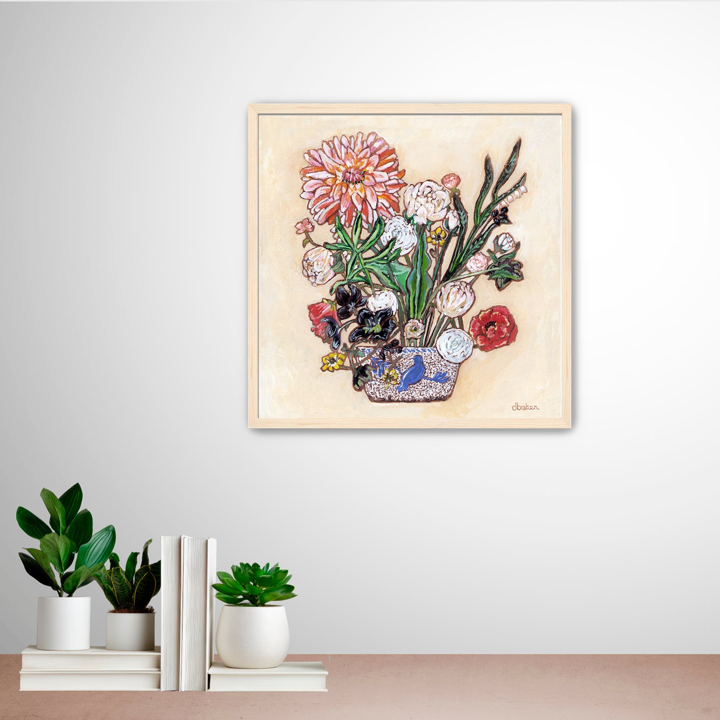 A painting of a colorful flowers including a large dahlia  in a blue and white bird vase.