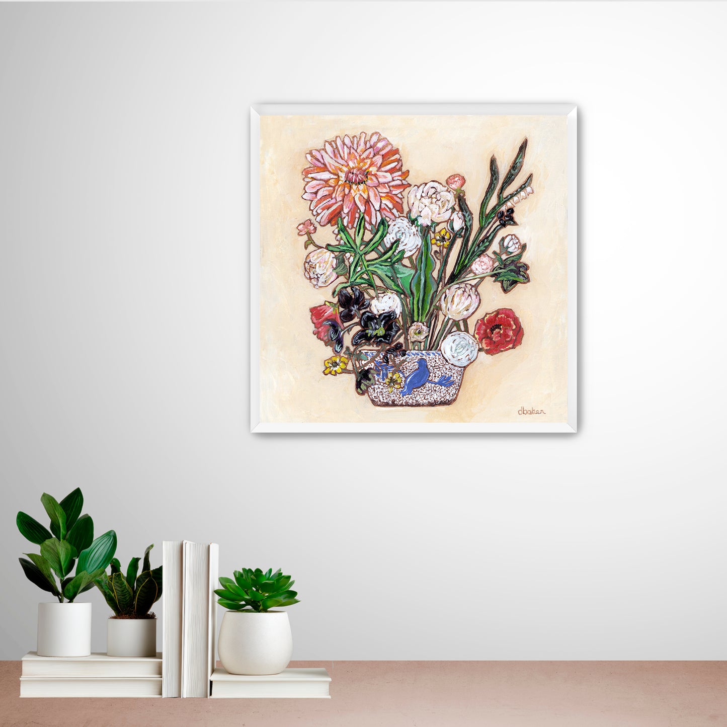 A painting of a colorful flowers including a large dahlia  in a blue and white bird vase.