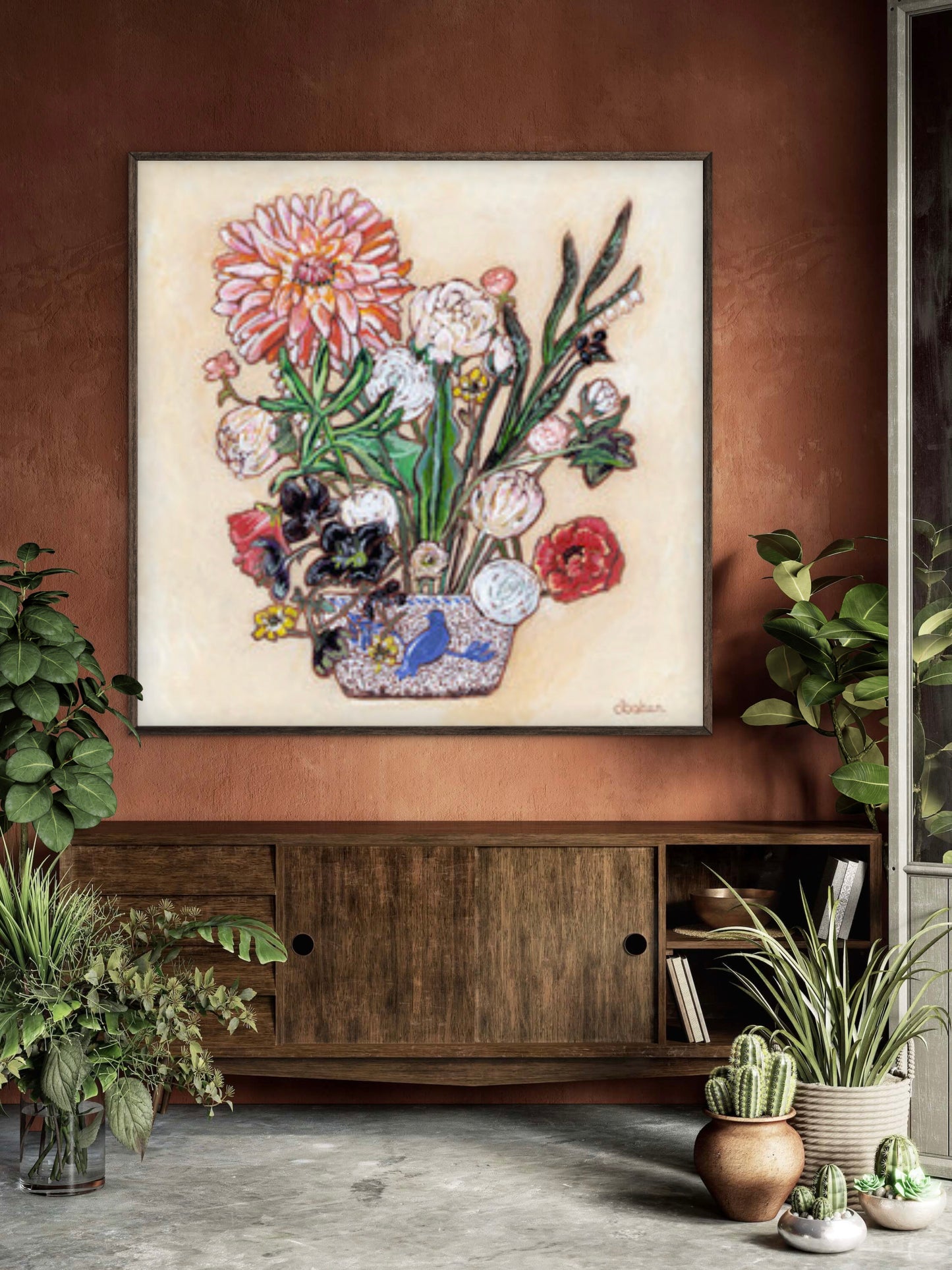 A painting of a colorful flowers including a large dahlia  in a blue and white bird vase.