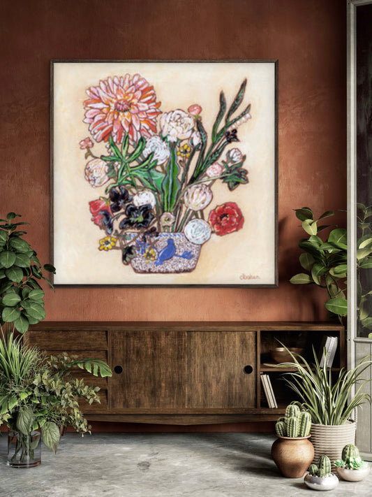 A painting of a colorful flowers including a large dahlia  in a blue and white bird vase.