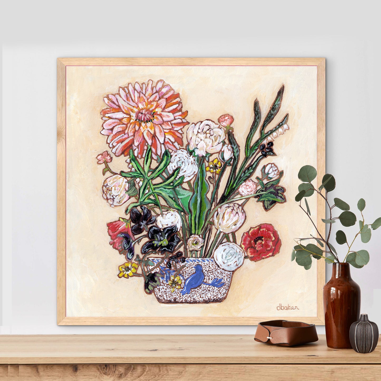 A painting of a colorful flowers including a large dahlia  in a blue and white bird vase.