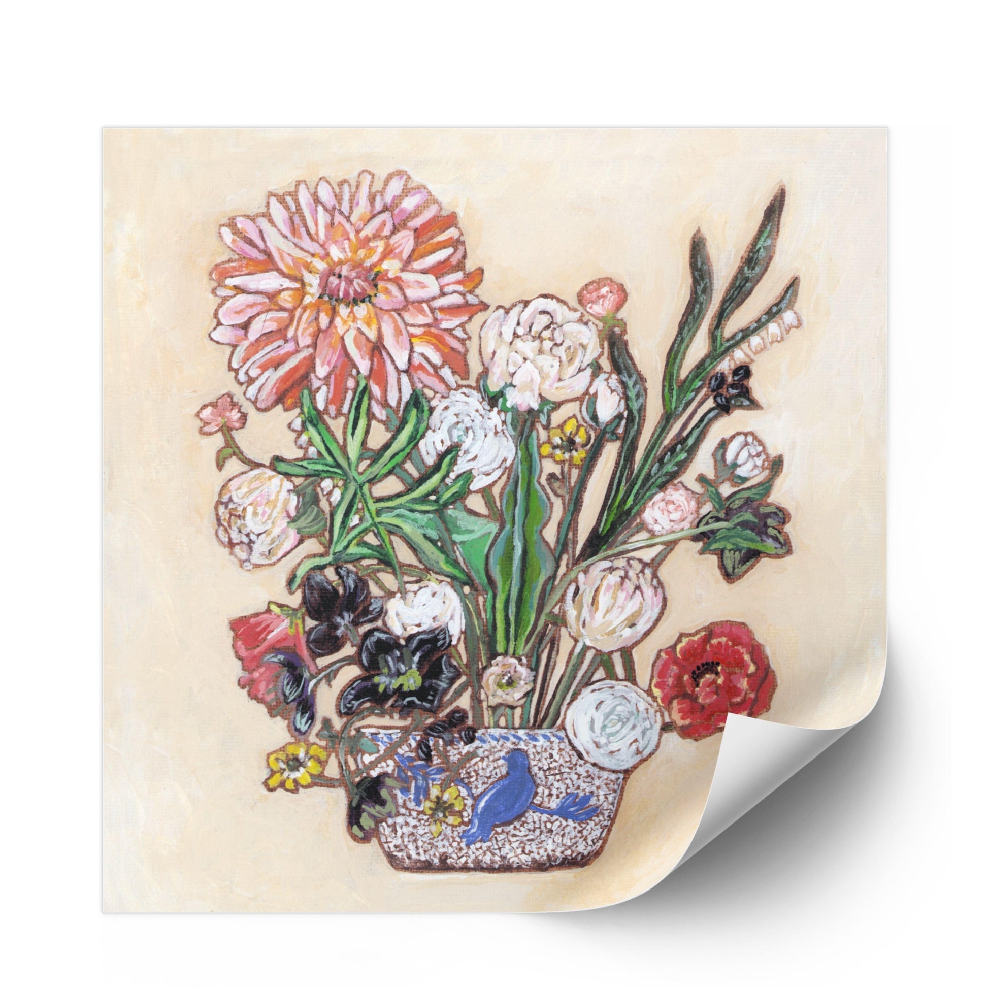A painting of a colorful flowers including a large dahlia  in a blue and white bird vase.