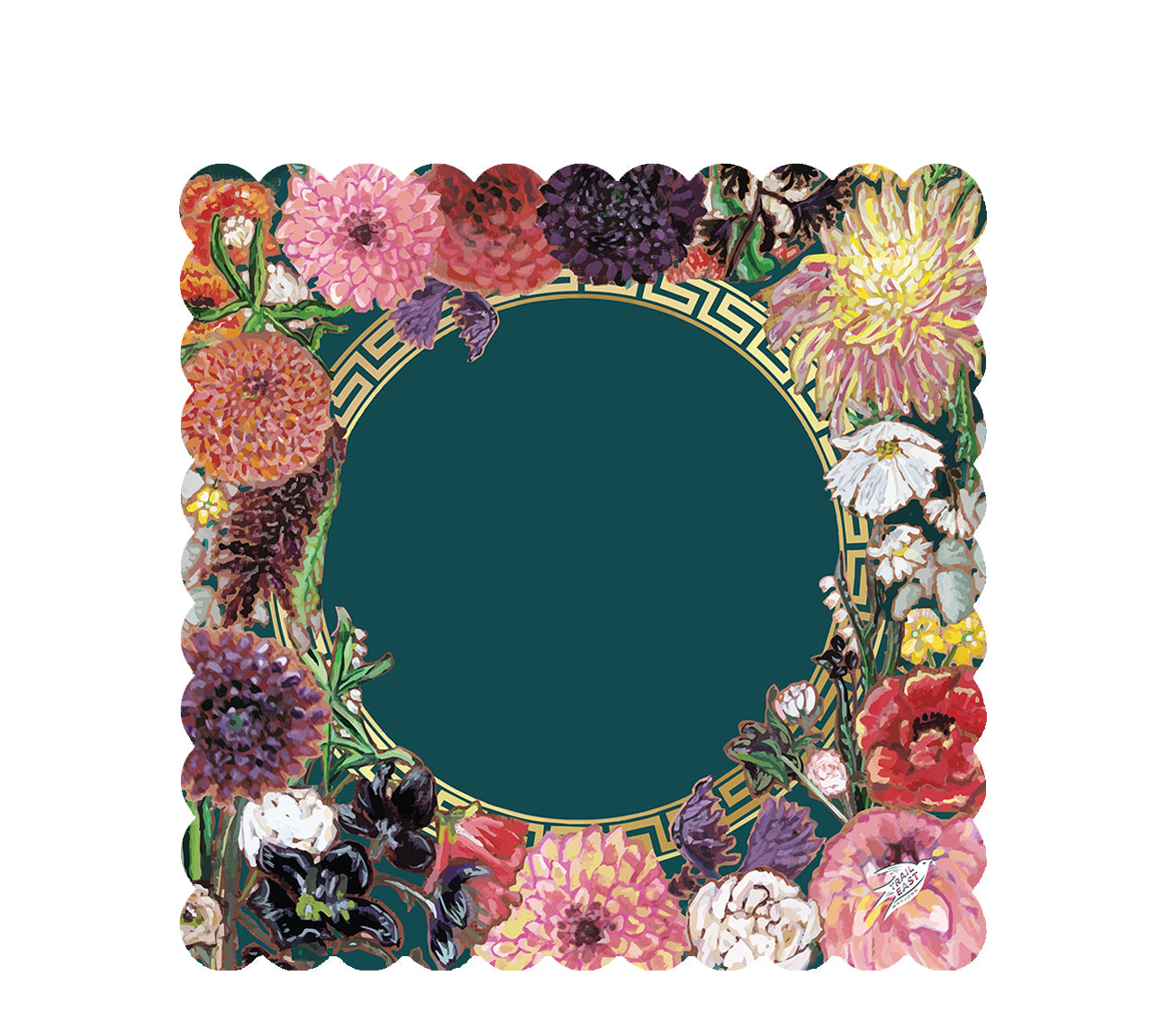 A scalloped leather look mahjong mat featuring original art by Trail East Studio in Ada Michigan. Dahlias, poppies and wildflowers boarder this colorful mat.