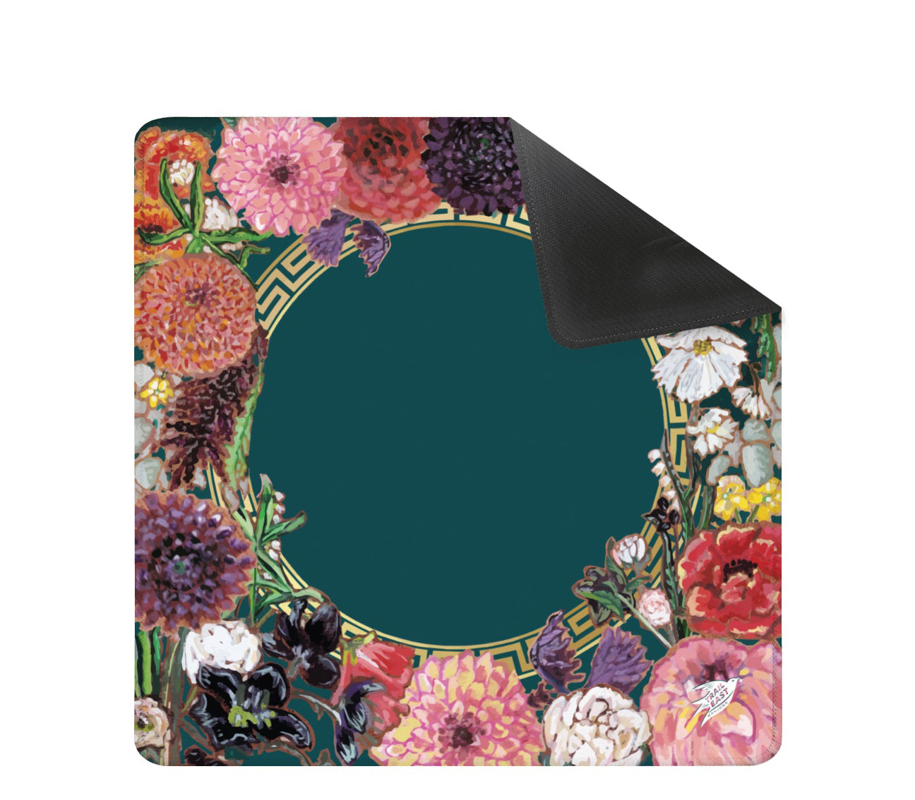A mahjong mat featuring original art by Trail East Studio in Ada Michigan. Dahlias, poppies and wildflowers boarder this colorful mat.