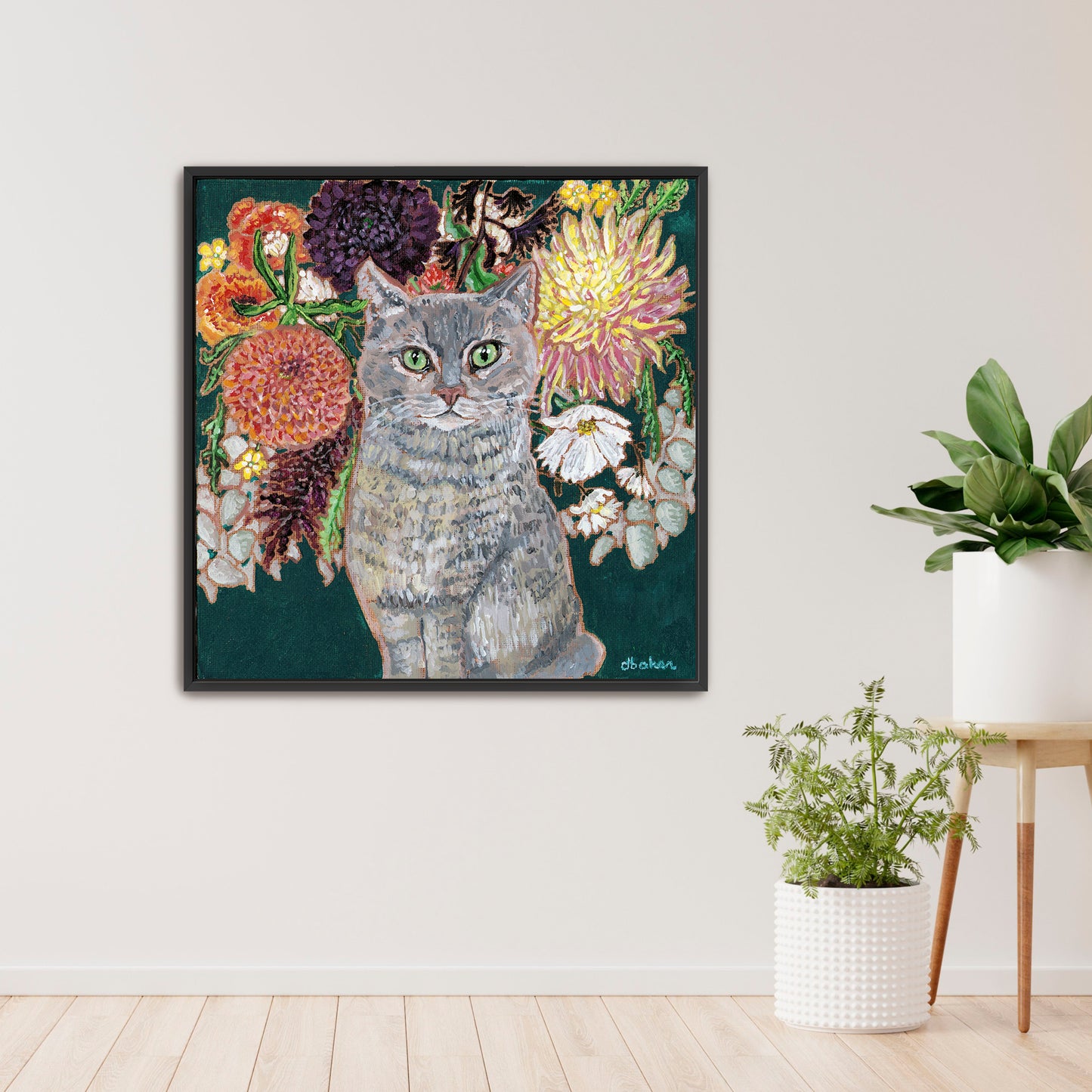 This painting is a loving portrait of Moses my gray cat shown sitting calmly in front of a rich bouquet of flowers including vibrant dahlias.v