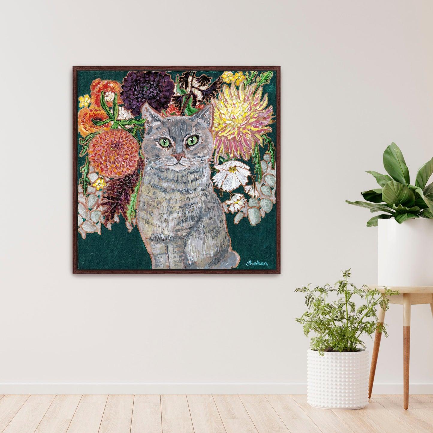 This painting is a loving portrait of Moses my gray cat shown sitting calmly in front of a rich bouquet of flowers including vibrant dahlias.