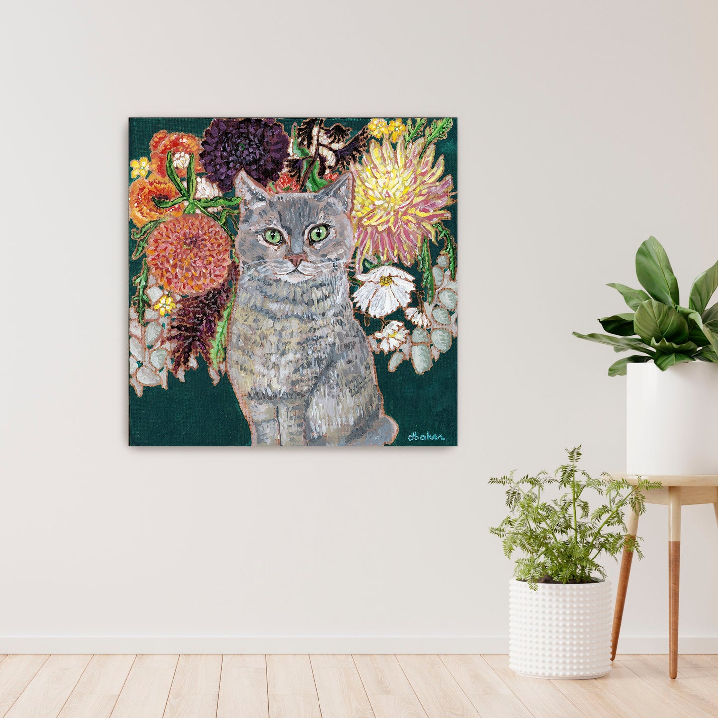 This painting is a loving portrait of Moses my gray cat shown sitting calmly in front of a rich bouquet of flowers including vibrant dahlias.