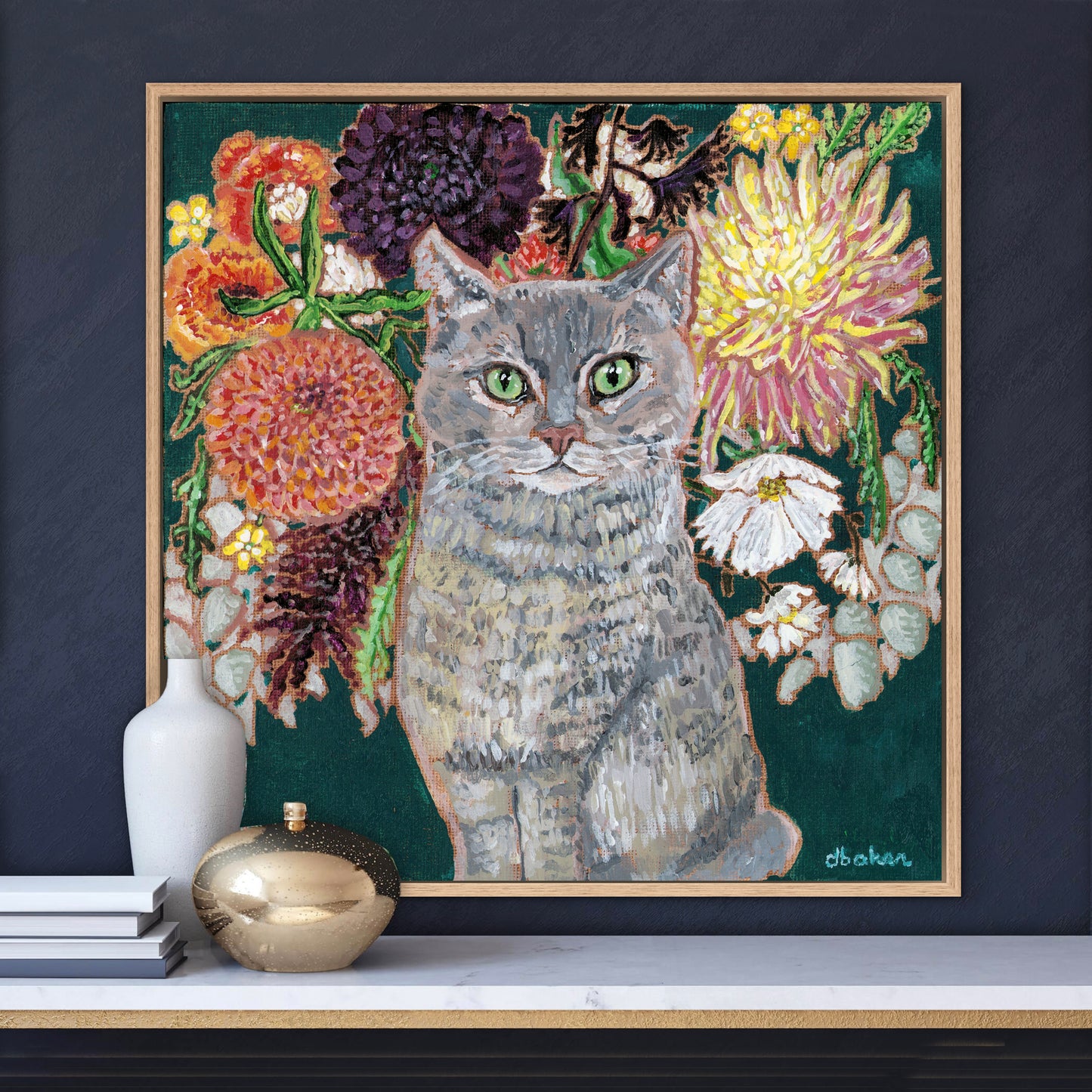 This painting is a loving portrait of Moses my gray cat shown sitting calmly in front of a rich bouquet of flowers including vibrant dahlias.