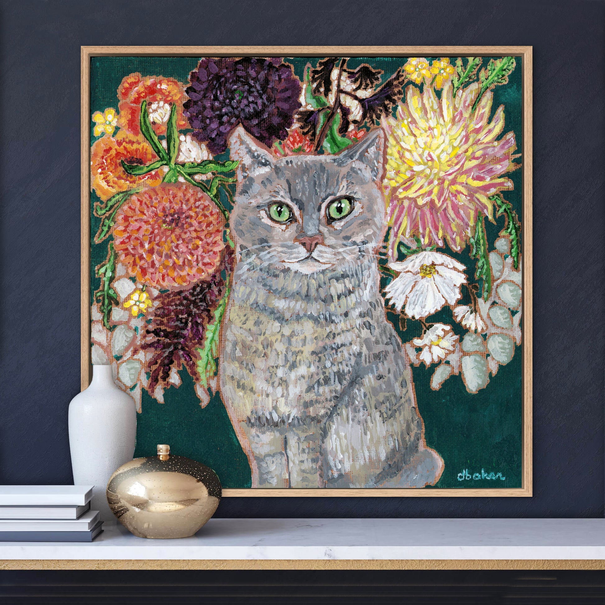This painting is a loving portrait of Moses my gray cat shown sitting calmly in front of a rich bouquet of flowers including vibrant dahlias.