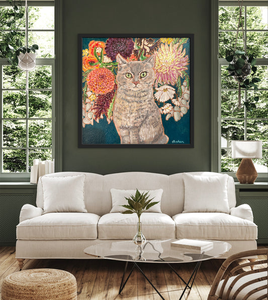 This painting is a loving portrait of Moses my gray cat shown sitting calmly in front of a rich bouquet of flowers including vibrant dahlias.