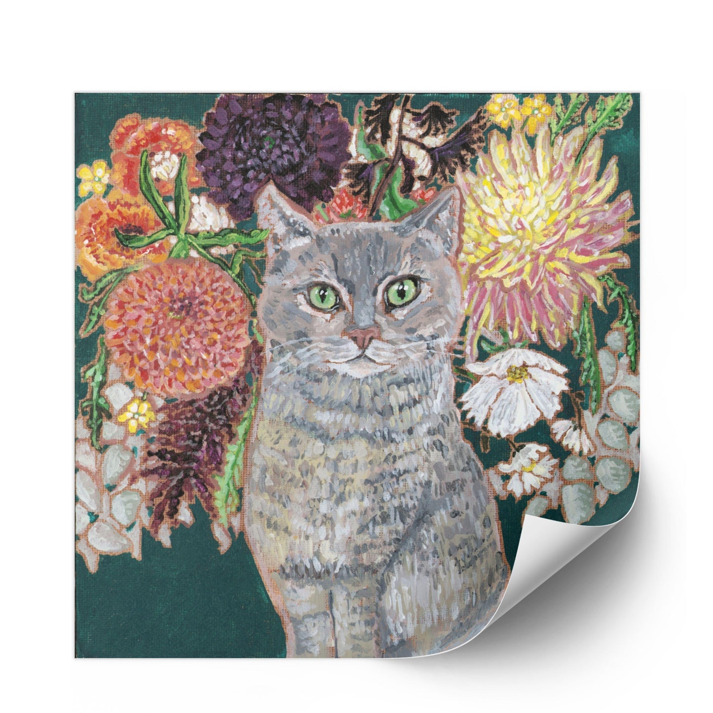 This painting is a loving portrait of Moses my gray cat shown sitting calmly in front of a rich bouquet of flowers including vibrant dahlias.