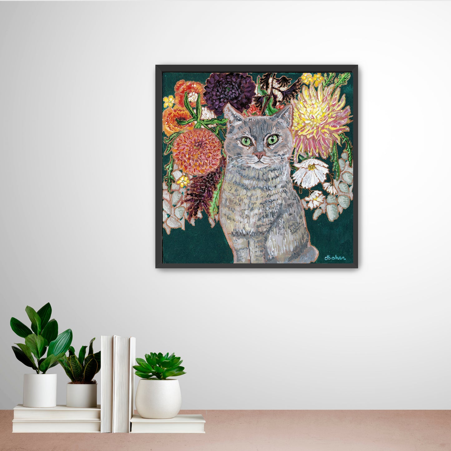 This painting is a loving portrait of Moses my gray cat shown sitting calmly in front of a rich bouquet of flowers including vibrant dahlias.