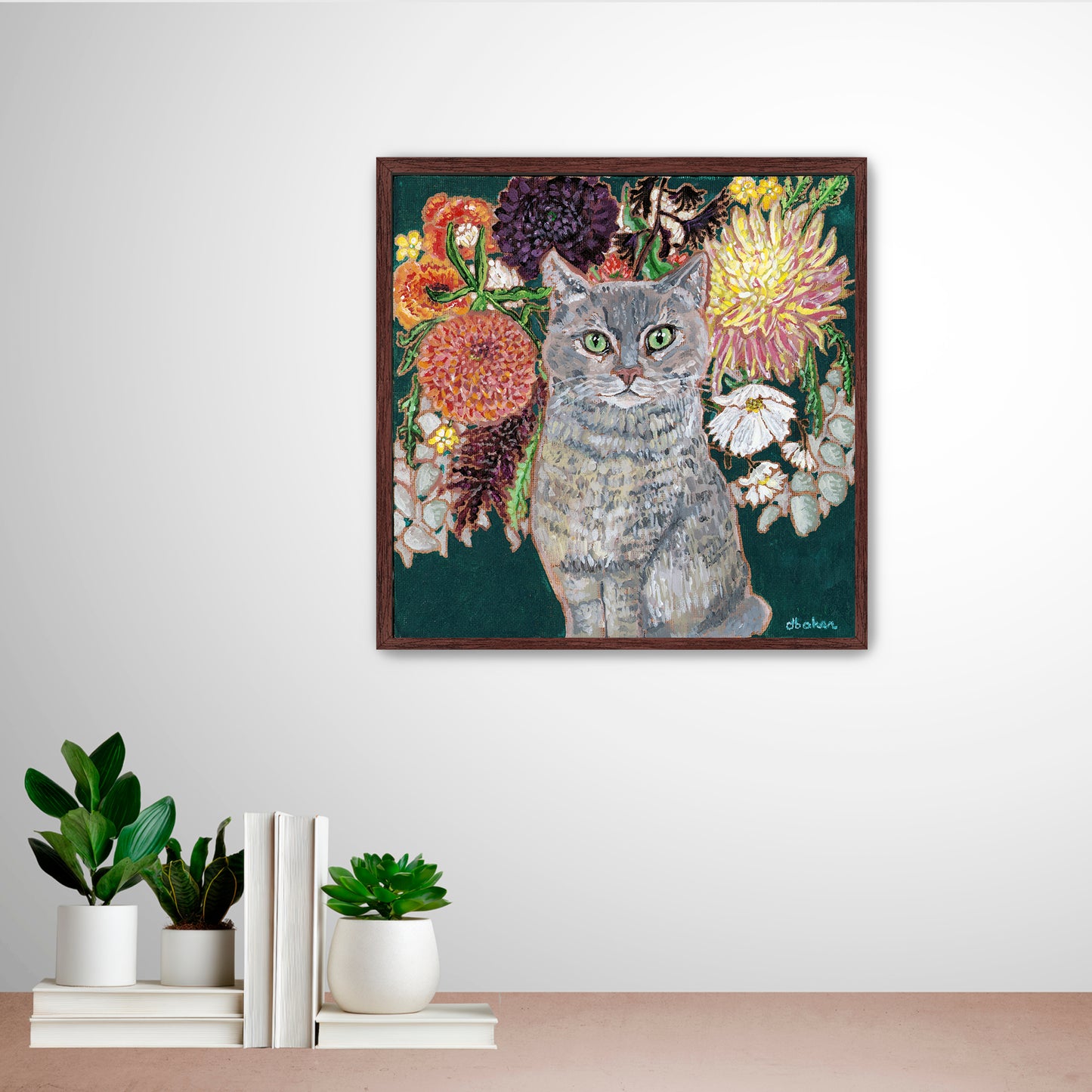 This painting is a loving portrait of Moses my gray cat shown sitting calmly in front of a rich bouquet of flowers including vibrant dahlias.