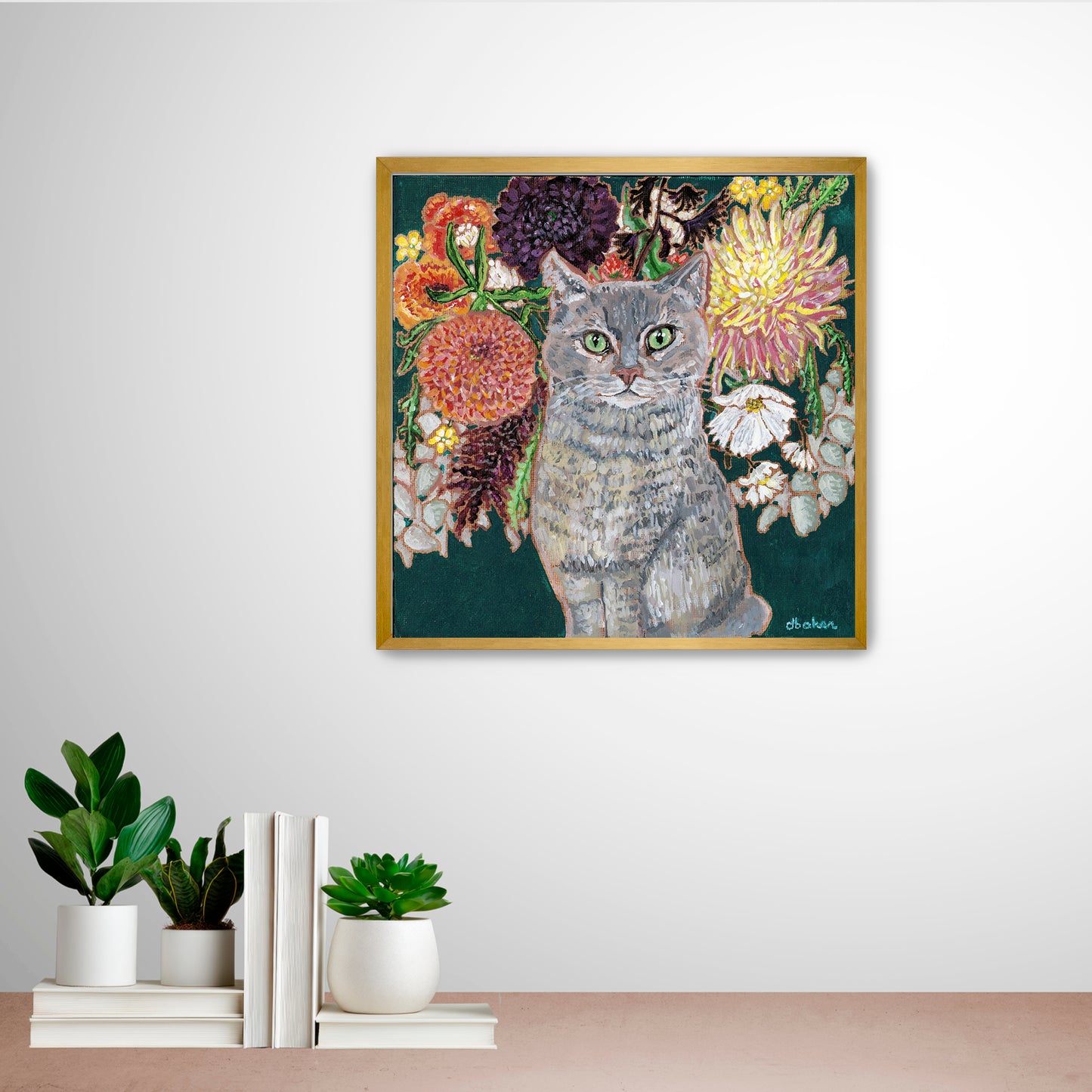 This painting is a loving portrait of Moses my gray cat shown sitting calmly in front of a rich bouquet of flowers including vibrant dahlias.