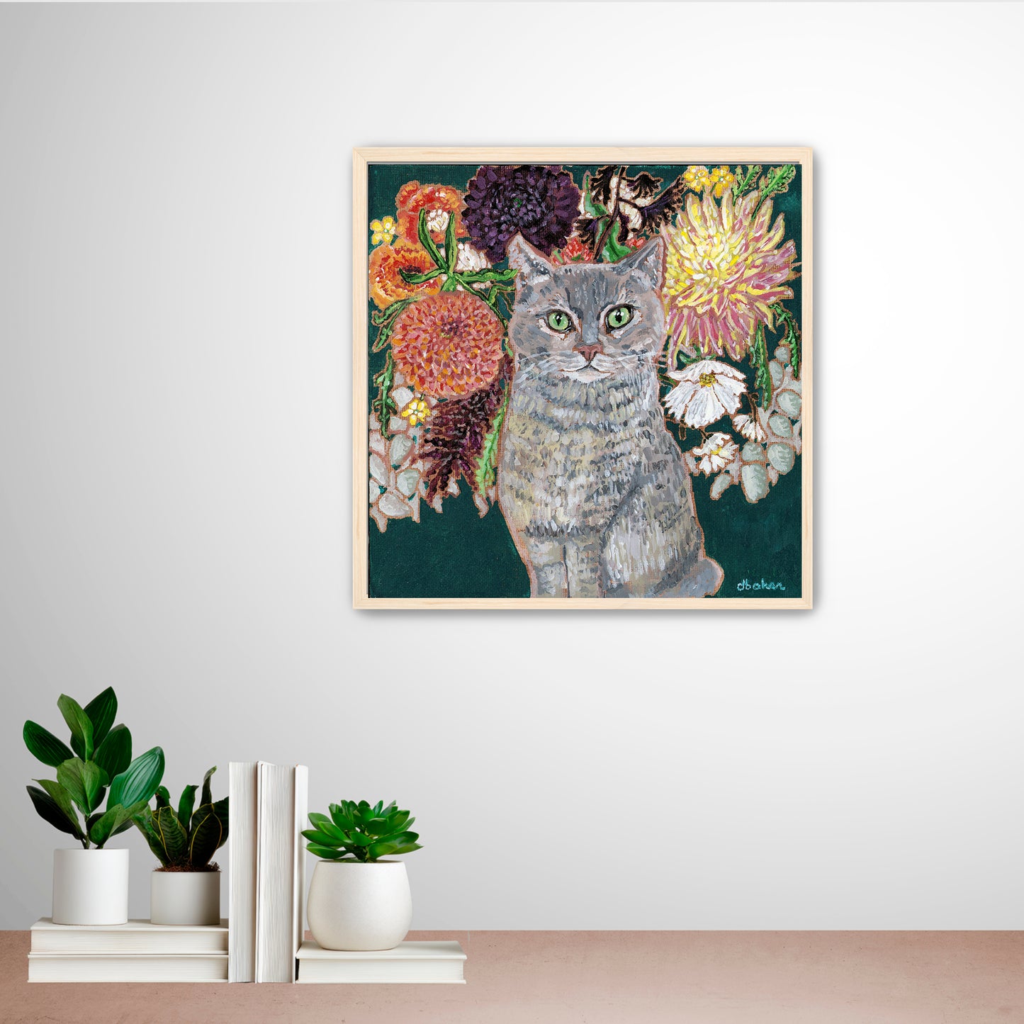 This painting is a loving portrait of Moses my gray cat shown sitting calmly in front of a rich bouquet of flowers including vibrant dahlias.