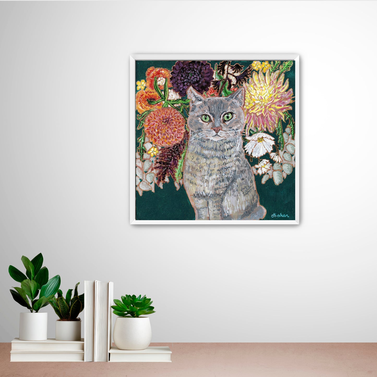 This painting is a loving portrait of Moses my gray cat shown sitting calmly in front of a rich bouquet of flowers including vibrant dahlias.