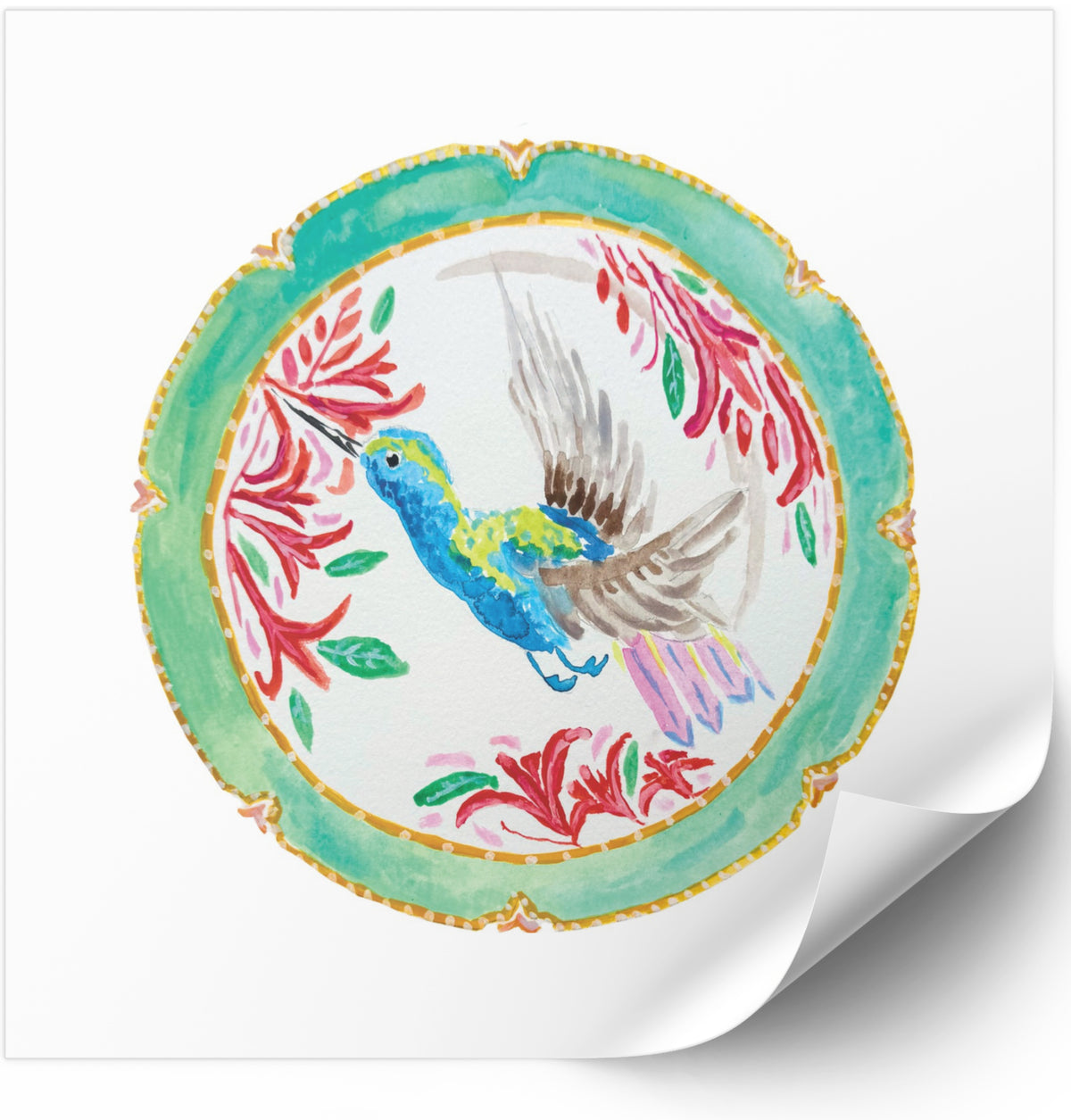 The Pretty Plate Series of paintings by Deb Baker at Trail  East Studio In Ada Michigan featuring antique bird plates with a bluebird, wren, blackbirds, and a hummingbird. The perfect art for a Mahjong Game  Room.