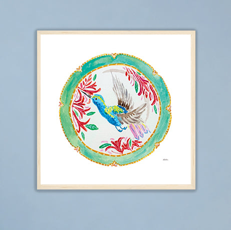 The Pretty Plate Series of paintings by Deb Baker at Trail  East Studio In Ada Michigan featuring antique bird plates with a bluebird, wren, blackbirds, and a hummingbird. The perfect art for a Mahjong Game  Room.