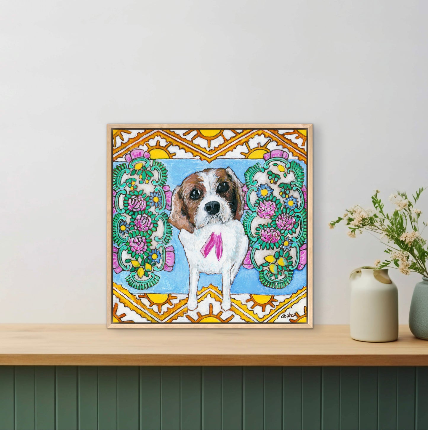A colorful pet portrait painting of a Cavalier King Charles Spaniel.