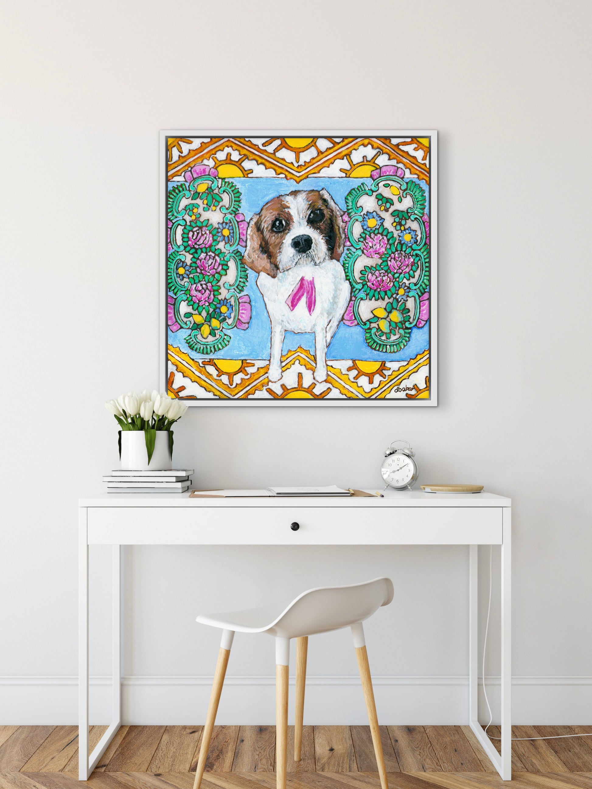 A colorful pet portrait painting of a Cavalier King Charles Spaniel.