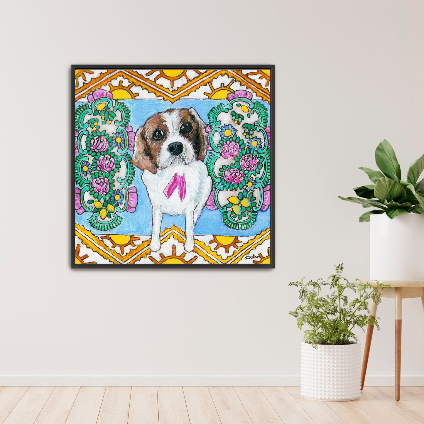 A colorful pet portrait painting of a Cavalier King Charles Spaniel.