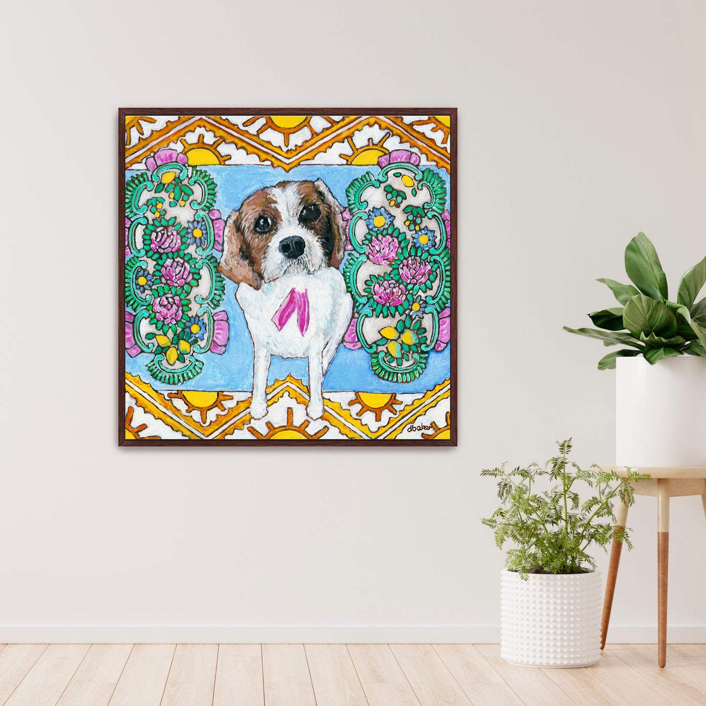 A colorful pet portrait painting of a Cavalier King Charles Spaniel.