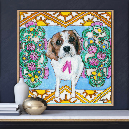 A colorful pet portrait painting of a Cavalier King Charles Spaniel.