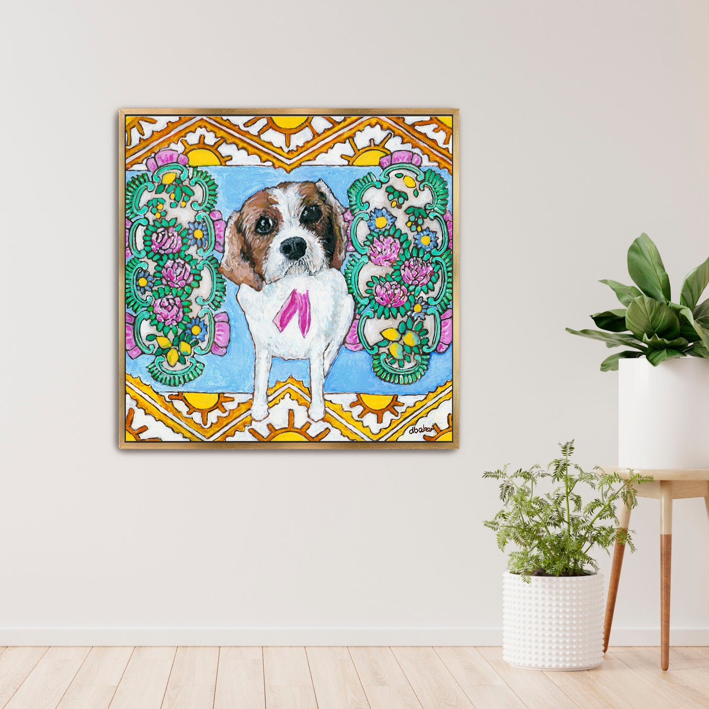 A colorful pet portrait painting of a Cavalier King Charles Spaniel.