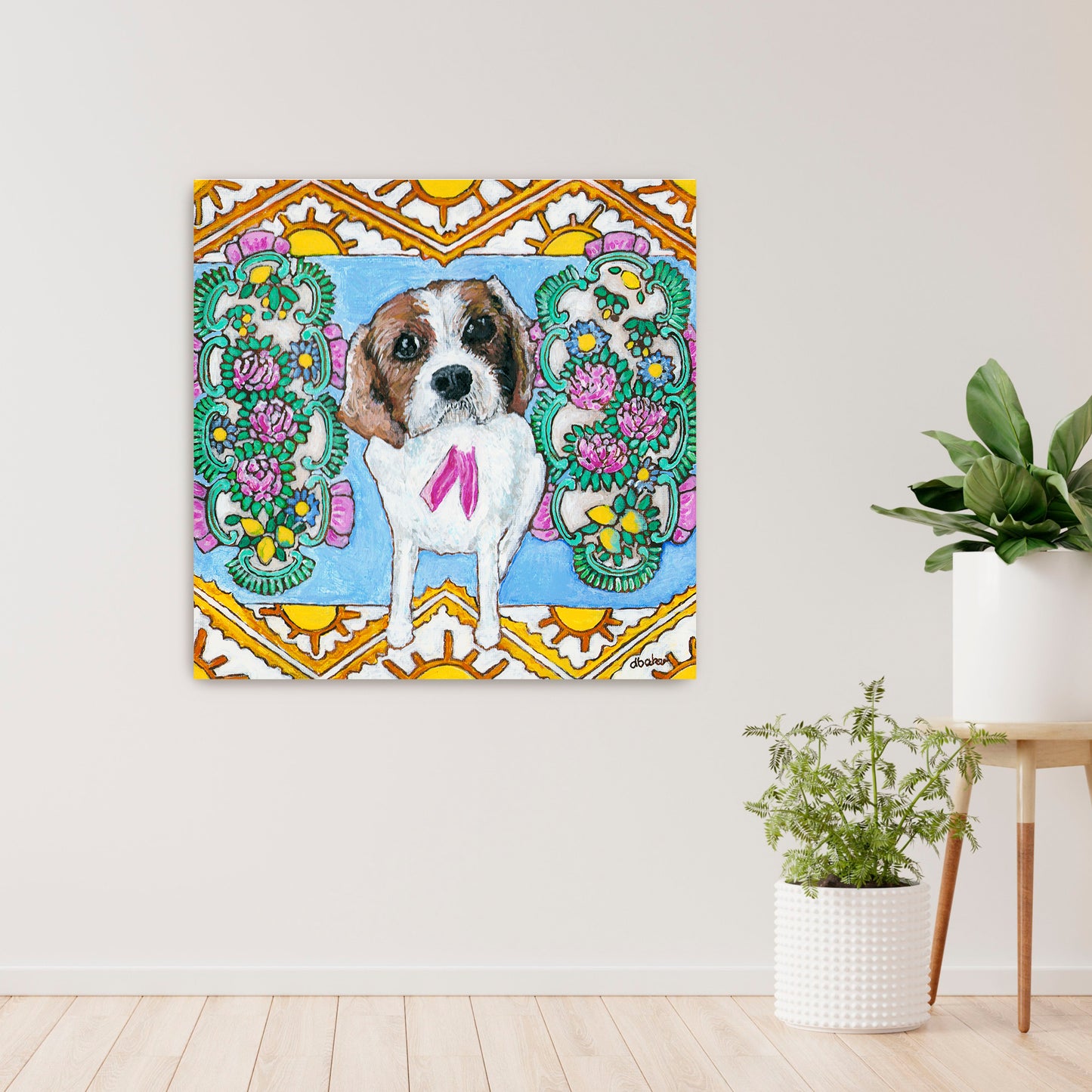 A colorful pet portrait painting of a Cavalier King Charles Spaniel.