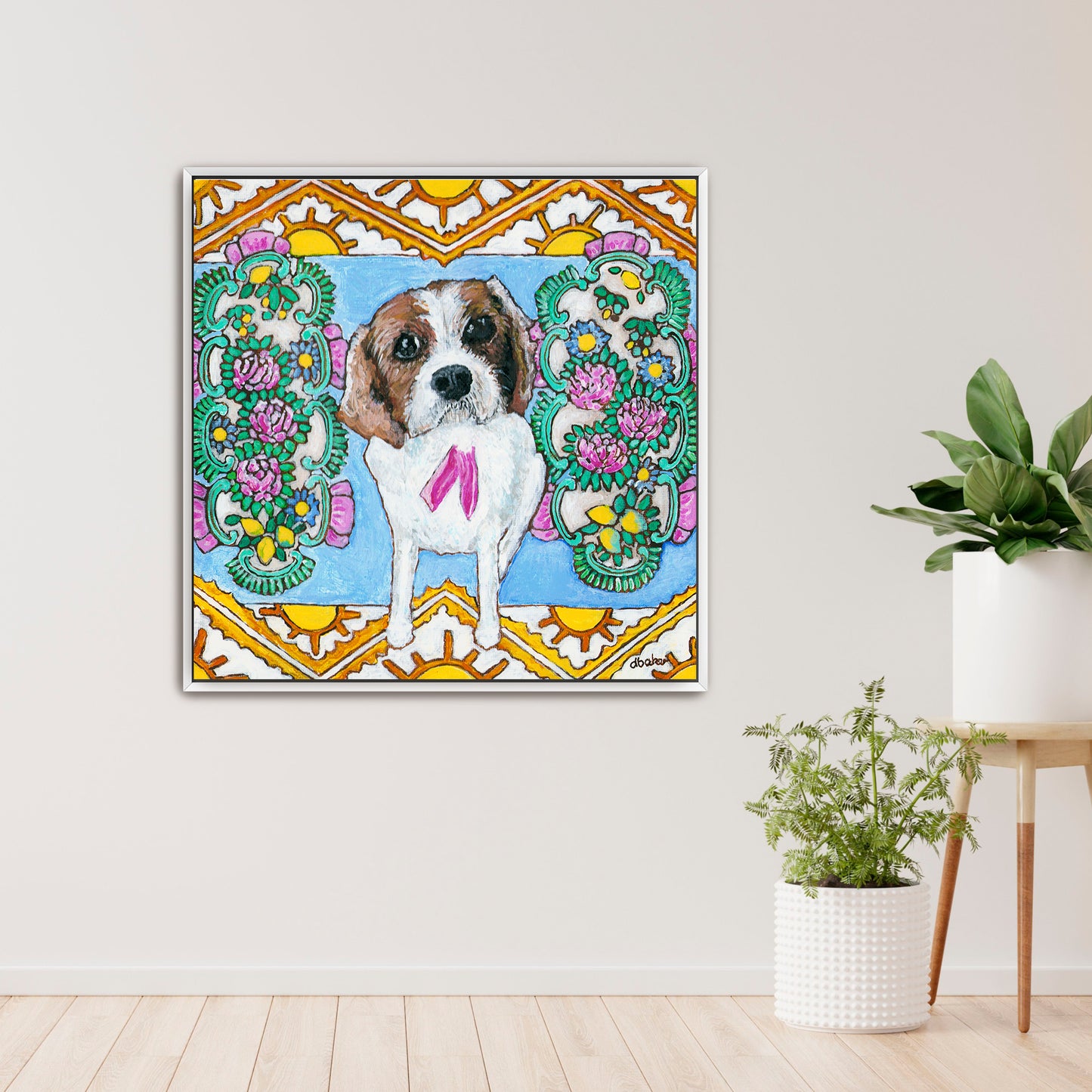 A colorful pet portrait painting of a Cavalier King Charles Spaniel.