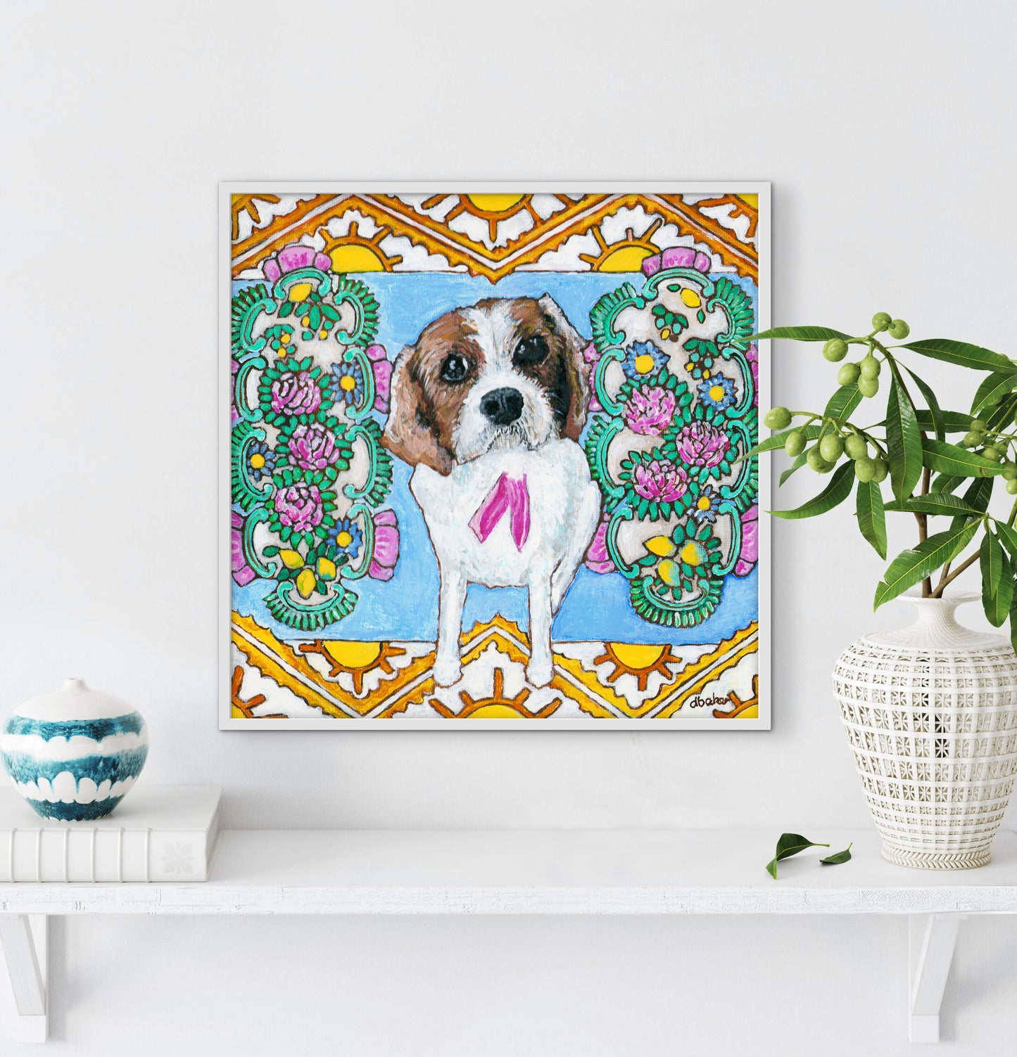 A colorful pet portrait painting of a Cavalier King Charles Spaniel.