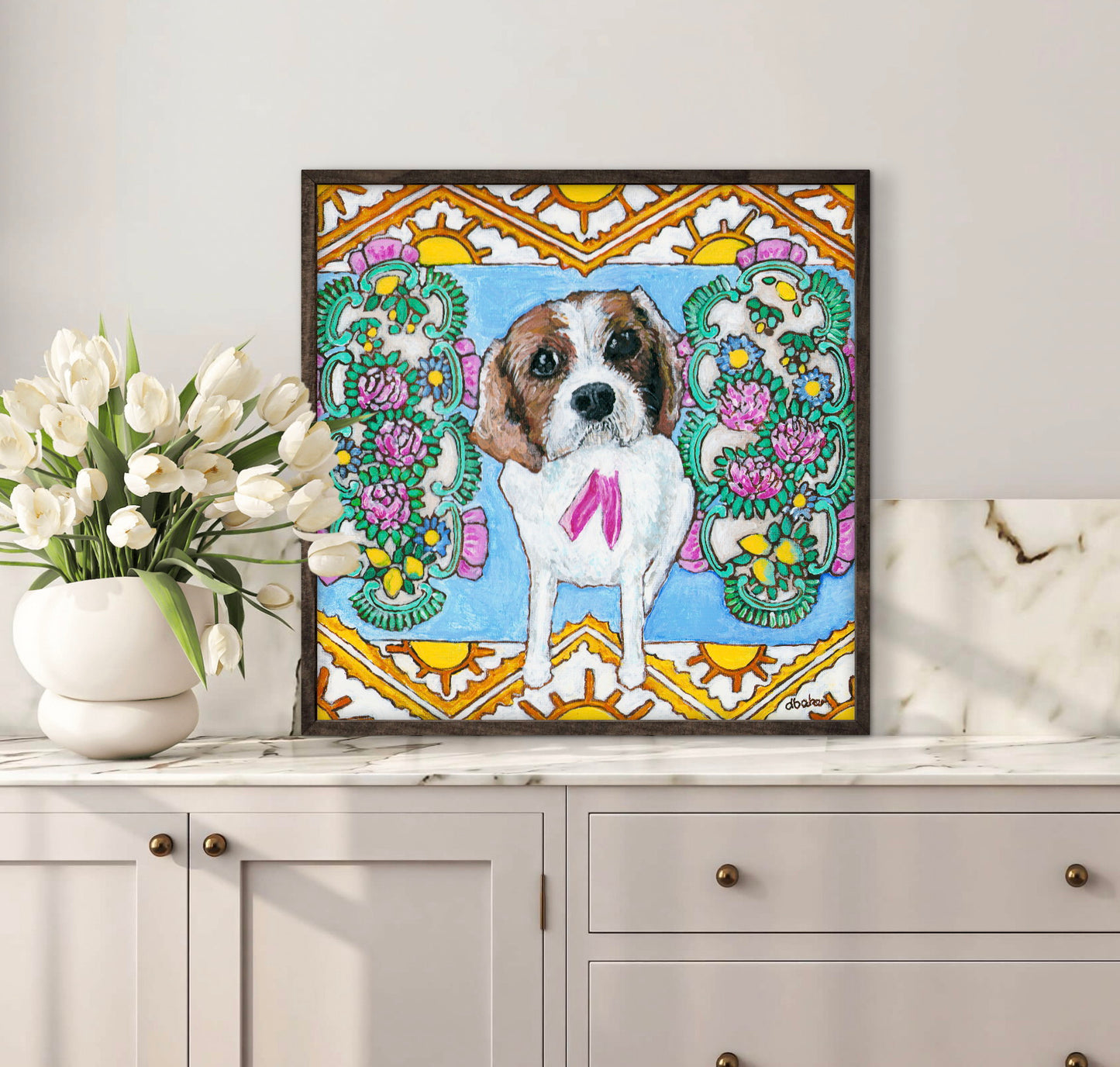 A colorful pet portrait painting of a Cavalier King Charles Spaniel.