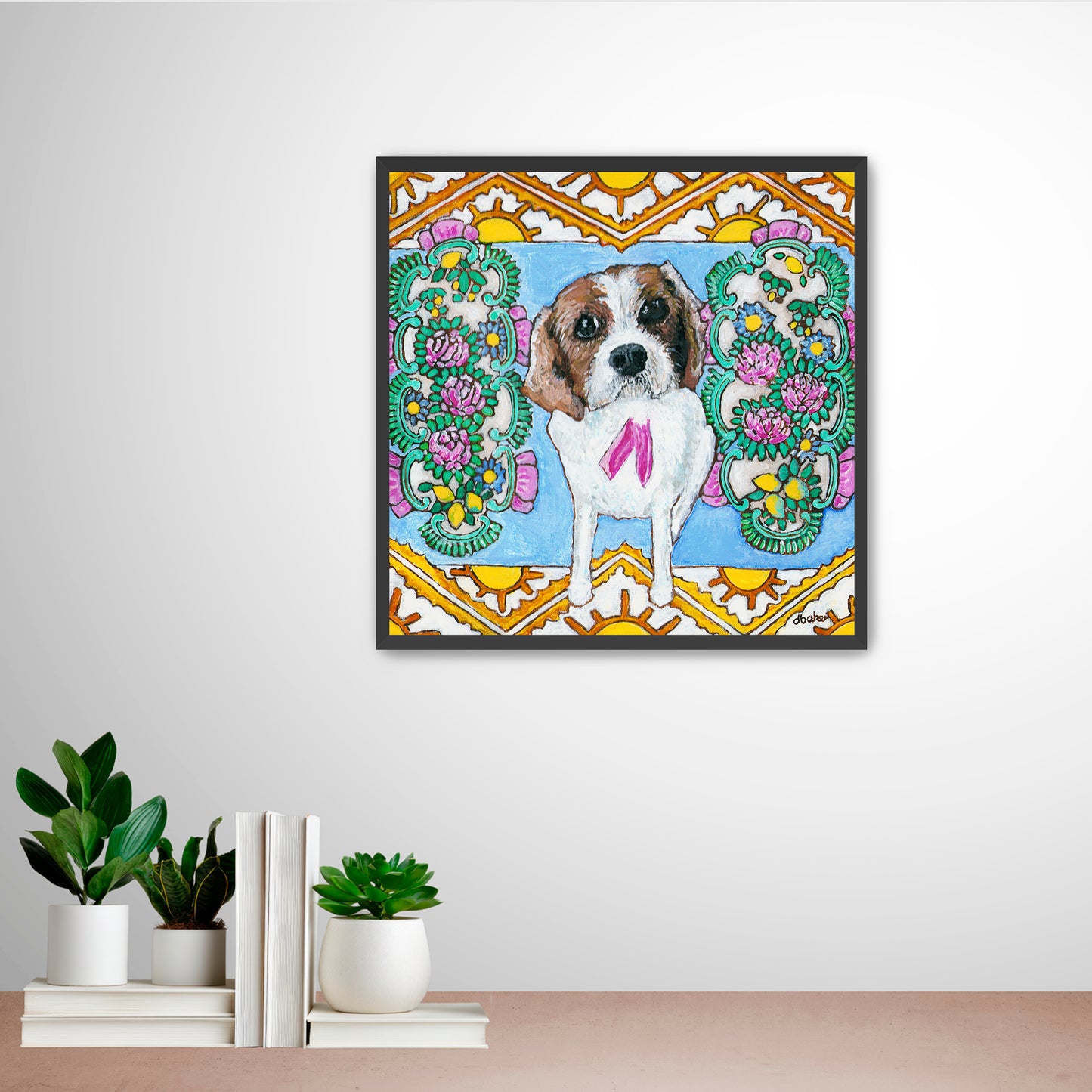 A colorful pet portrait painting of a Cavalier King Charles Spaniel.