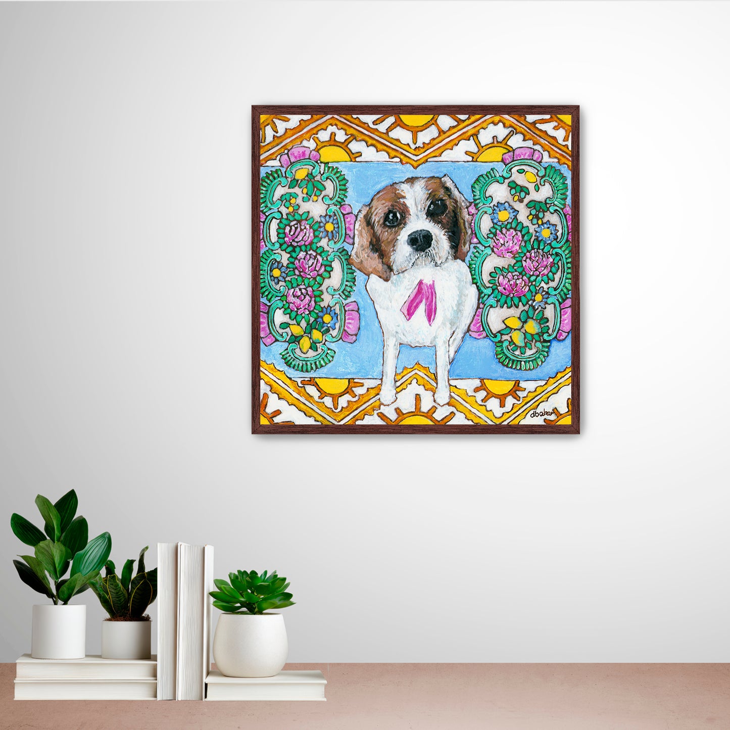 A colorful pet portrait painting of a Cavalier King Charles Spaniel.