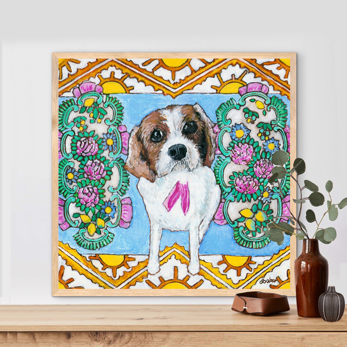 A colorful pet portrait painting of a Cavalier King Charles Spaniel.