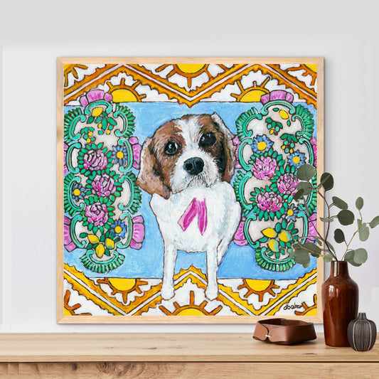 A colorful pet portrait painting of a Cavalier King Charles Spaniel.