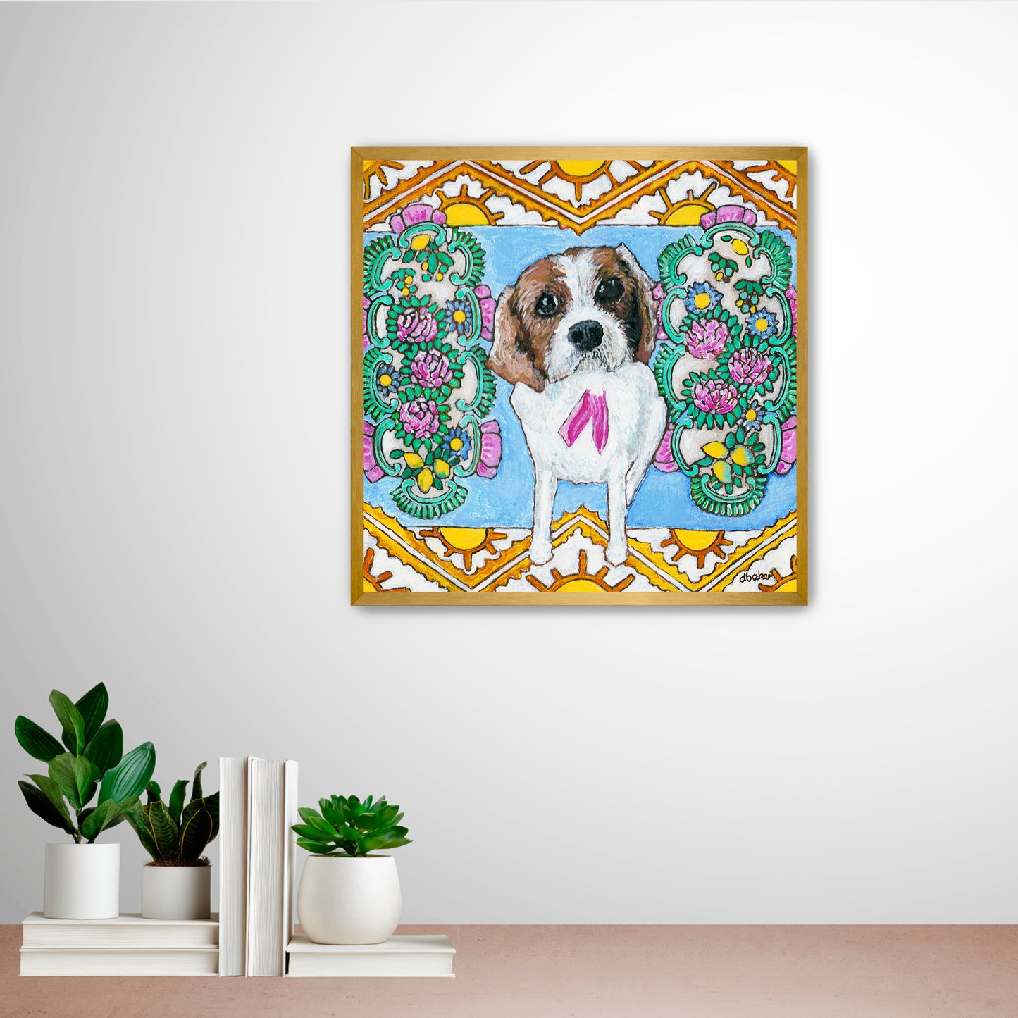 A colorful pet portrait painting of a Cavalier King Charles Spaniel.