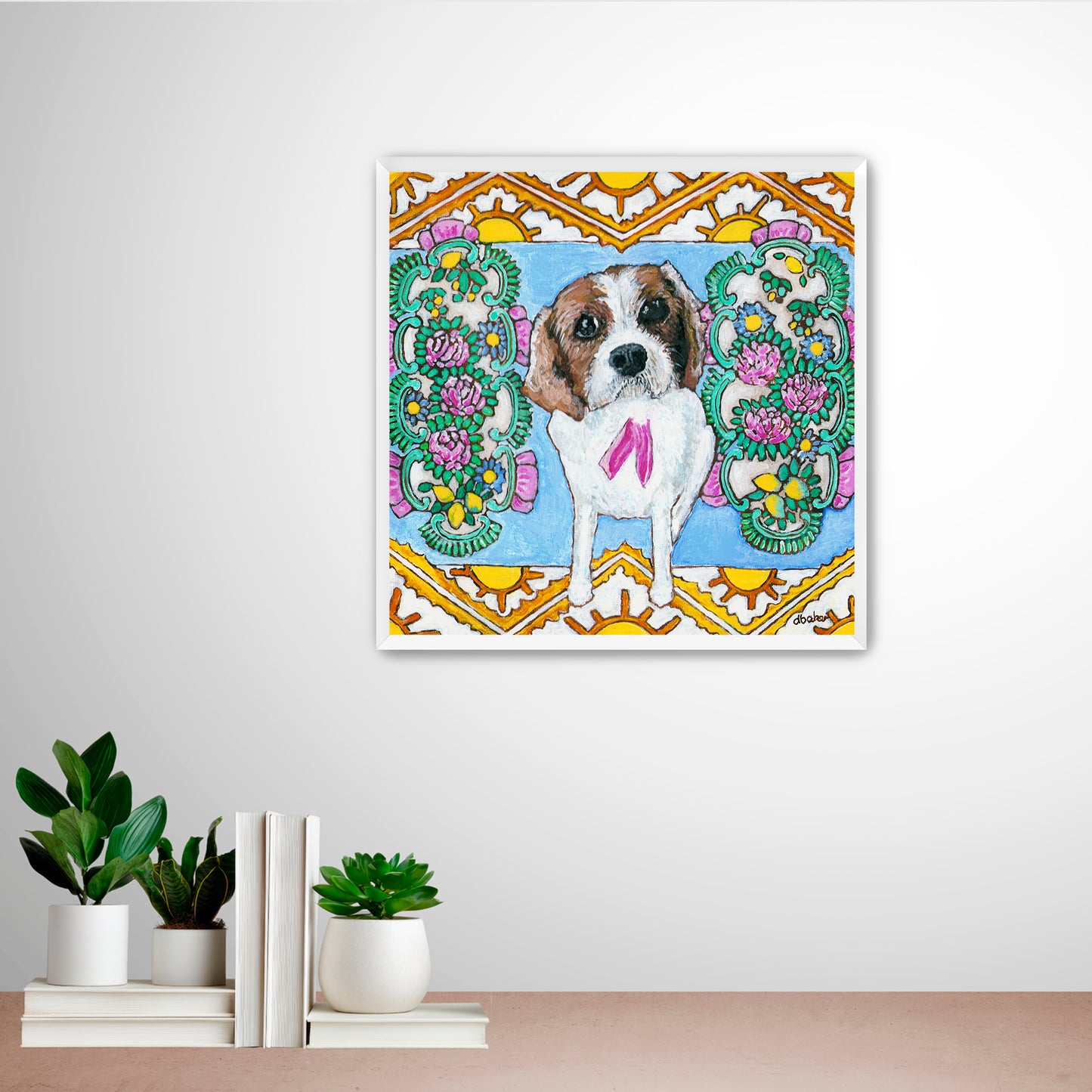 A colorful pet portrait painting of a Cavalier King Charles Spaniel.