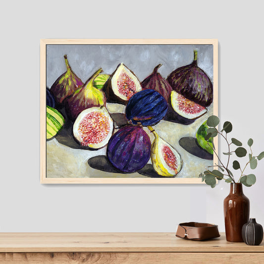 A still life painting of figs with rich fall hues such as plums, greens, and bright pinks.