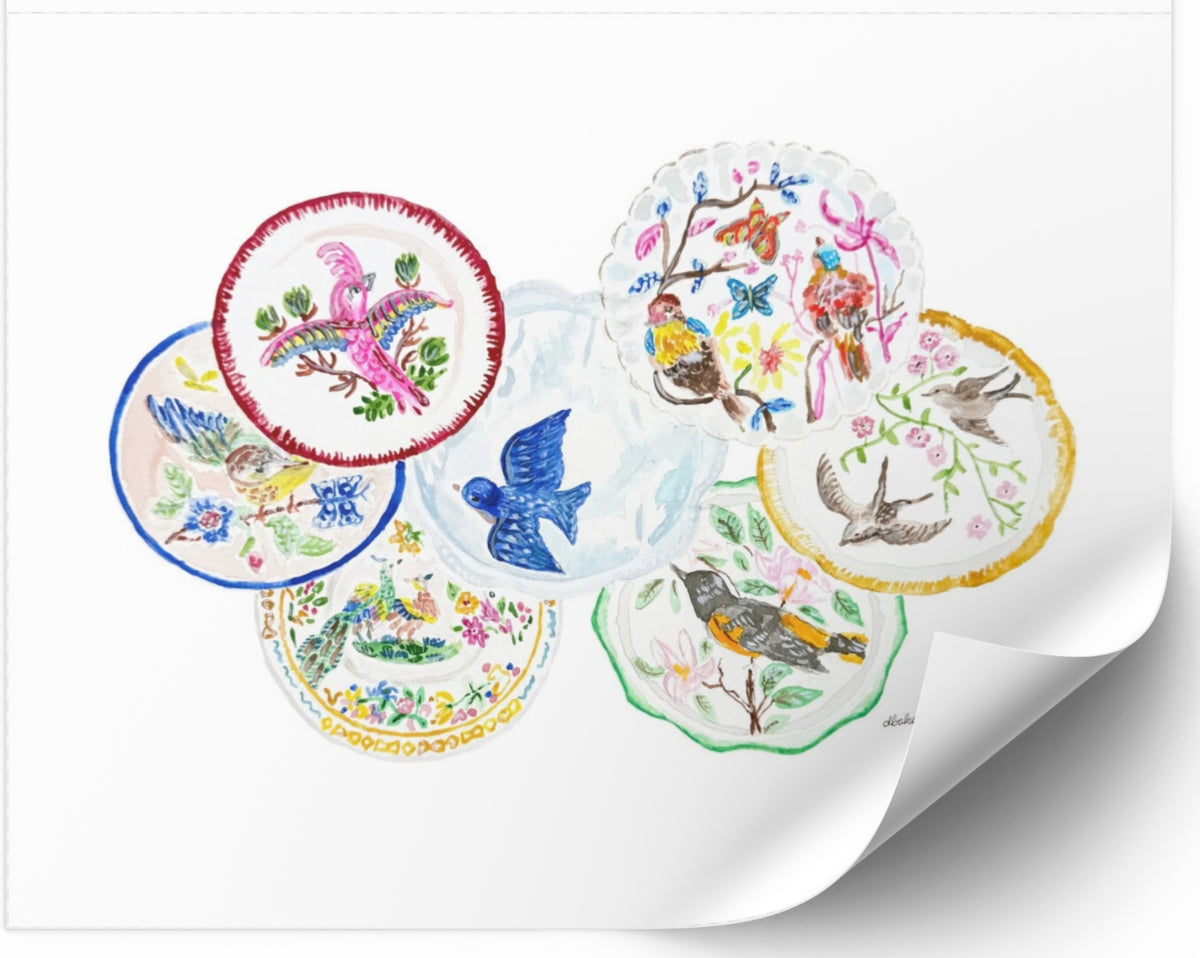 The Pretty Plate Series of paintings by Deb Baker at Trail  East Studio In Ada Michigan featuring antique bird plates with a bluebird, wren, blackbirds, and a hummingbird. The perfect art for a Mahjong Game  Room.