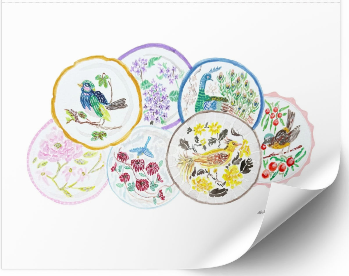 The Pretty Plate Series of paintings by Deb Baker at Trail  East Studio In Ada Michigan featuring antique bird plates with a bluebird, wren, blackbirds, and a hummingbird. The perfect art for a Mahjong Game  Room.