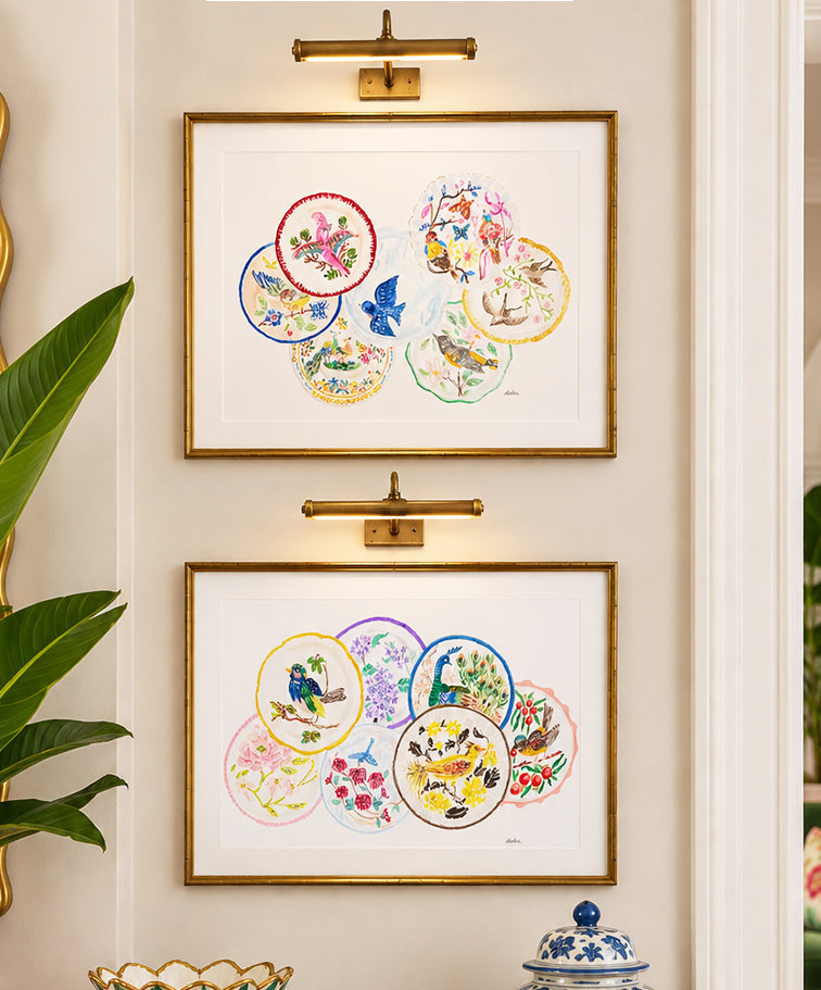 The Pretty Plate Series of paintings by Deb Baker at Trail  East Studio In Ada Michigan featuring antique bird plates with a bluebird, wren, blackbirds, and a hummingbird. The perfect art for a Mahjong Game  Room.