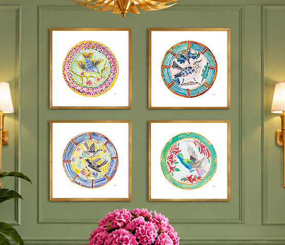 The Pretty Plate Series of paintings by Deb Baker at Trail  East Studio In Ada Michigan featuring antique bird plates with a bluebird, wren, blackbirds, and a hummingbird. The perfect art for a Mahjong Game  Room.